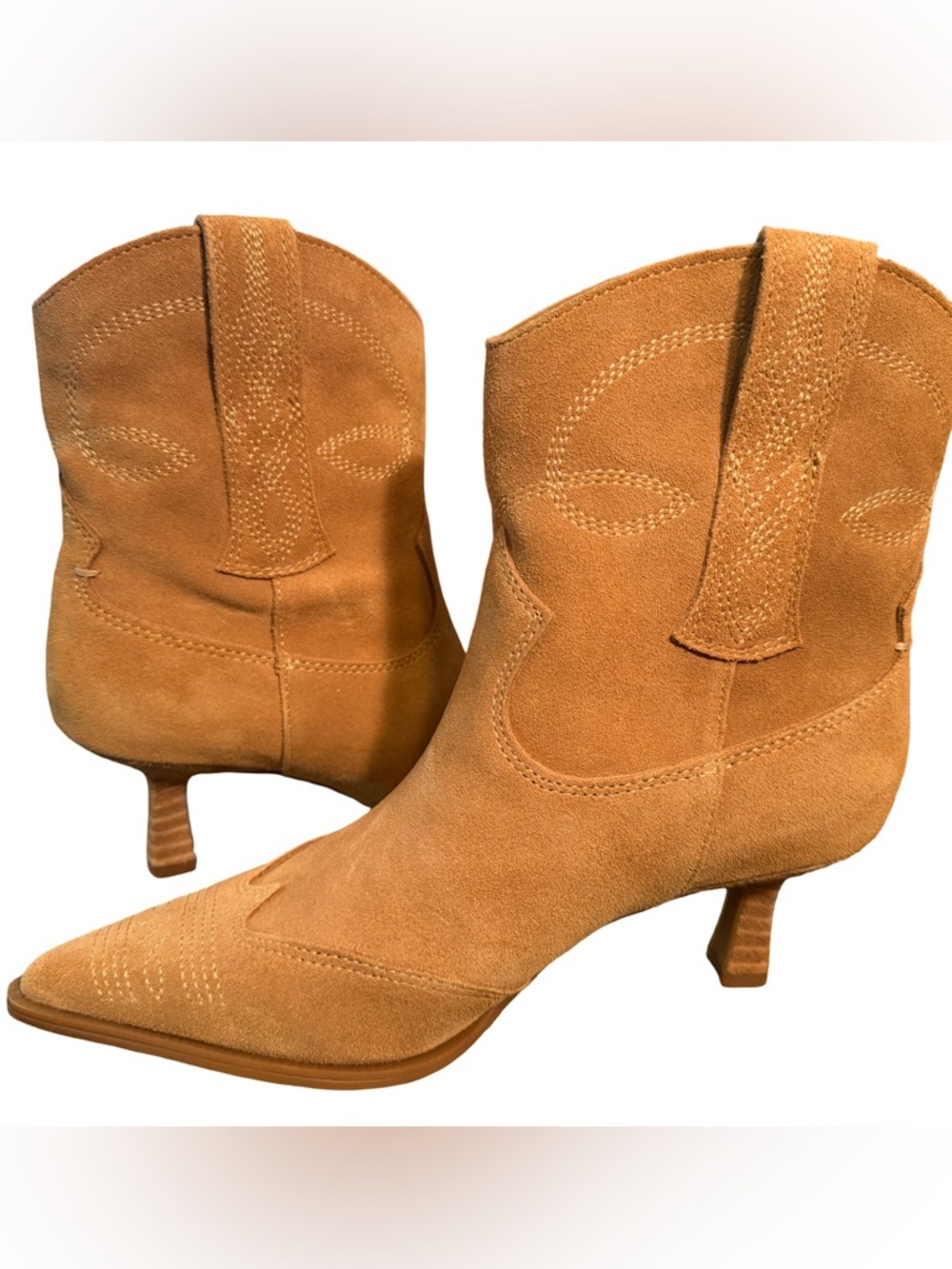 Sam Edelman NWT Sz 6 Tan Suede Pointed-Toe Kitten Heel Western Ankle Boots SH340 - Picture 3 of 11